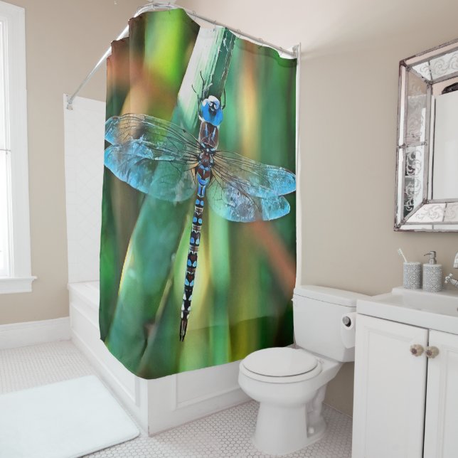 Fantasy Dragonfly In Turquoise and Black Shower Curtain (In Situ)
