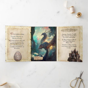 Fantasy Dragons and Castle Fairytale Wedding Tri-Fold Invitation