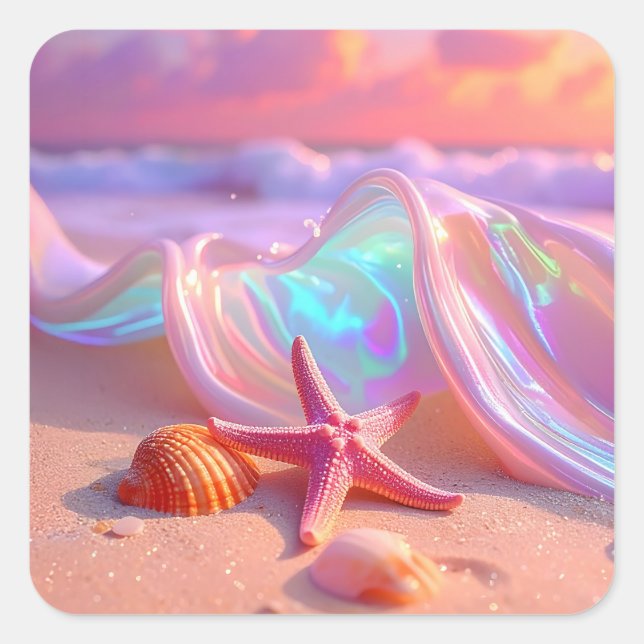 Fantasy Dream Beach With Beautiful Pink Starfish  Square Sticker (Front)