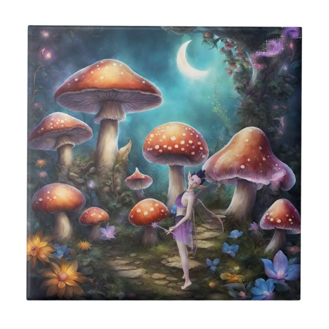 Fantasy Dream World Fairy and Mushrooms  Ceramic Tile (Front)