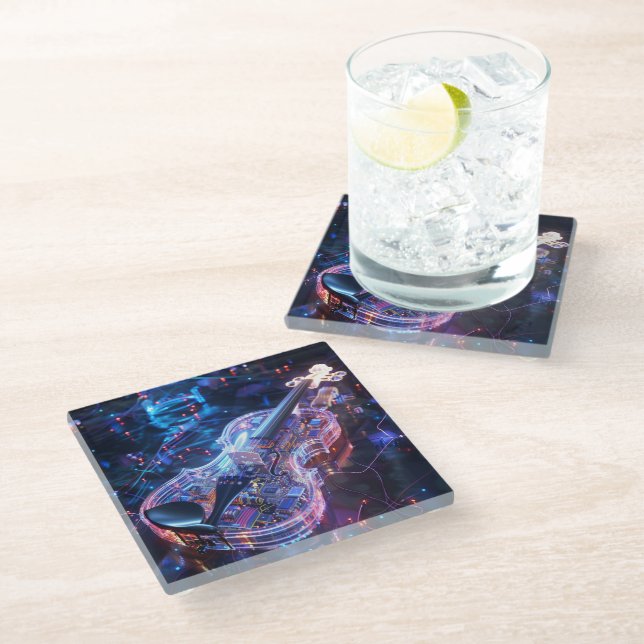 Fantasy Electric Neon Glass Violin Digital Art Glass Coaster (Angled)