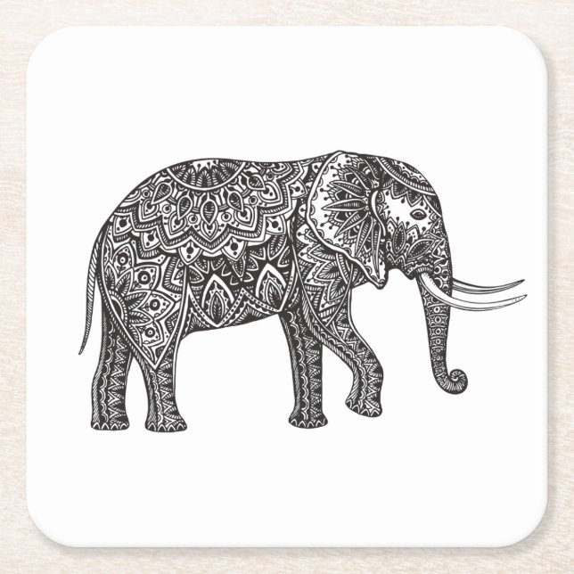 Fantasy Elephant Doodle Square Paper Coaster (Front)