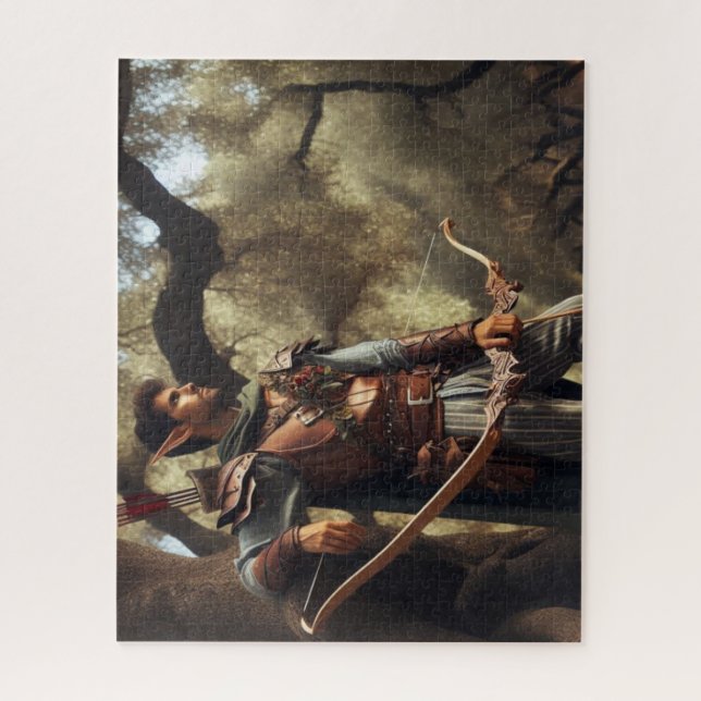 Fantasy Elf Archer Resting in Enchanted Oak Forest Jigsaw Puzzle (Vertical)