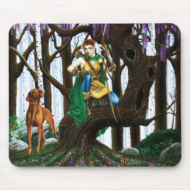 Fantasy Elf Archer Vizsla Dog Enchanted Forest Mouse Pad (Front)