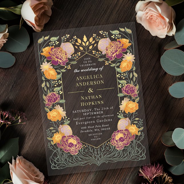 Fantasy Enchanted Purple Orange Floral Wedding Acrylic Invitations (Creator Uploaded)