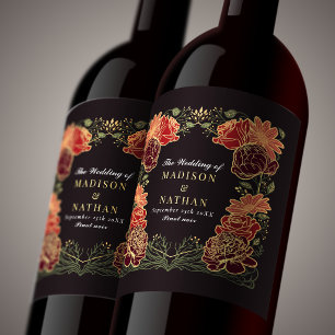 Fantasy Enchanted Red Floral Wedding Wine Label