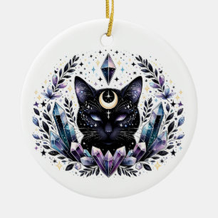 Fantasy Esoteric Crystal Black Cat  Ceramic Ornament
