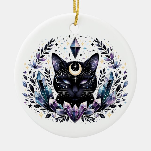 Fantasy Esoteric Crystal Black Cat  Ceramic Ornament (Front)
