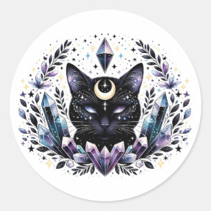 Fantasy Esoteric Crystal Black Cat  Classic Round Sticker