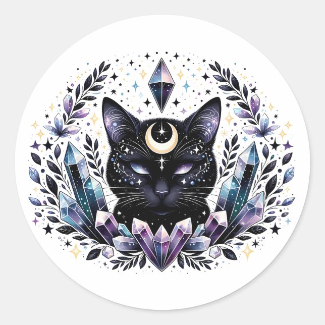 Fantasy Esoteric Crystal Black Cat  Classic Round Sticker (Front)