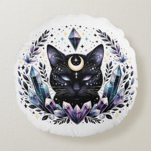 Fantasy Esoteric Crystal Black Cat Round Cushion