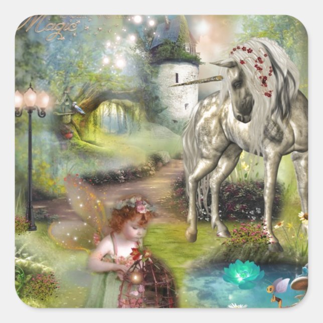 Fantasy Fairy and Unicorn Art Square Sticker (Front)