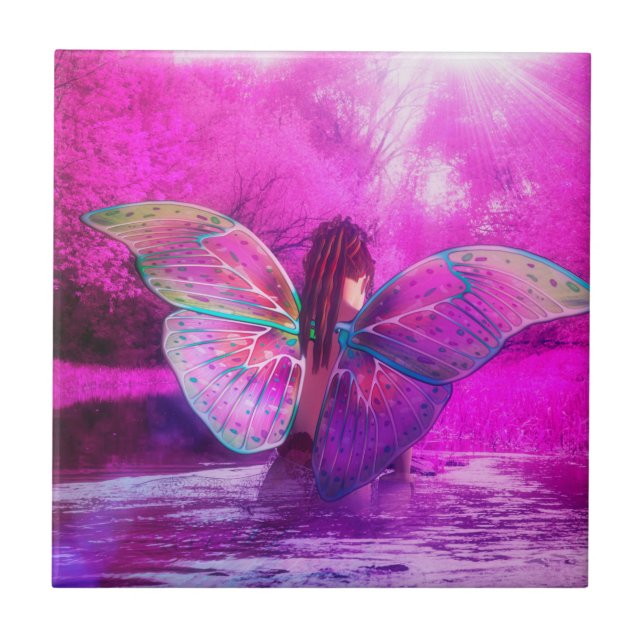 Fantasy fairy in the river in purple forest ceramic tile (Front)