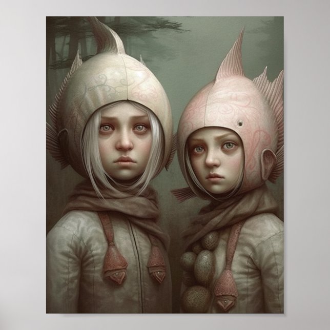 Fantasy Fairy Tale Children With Fish Hats Poster (Front)