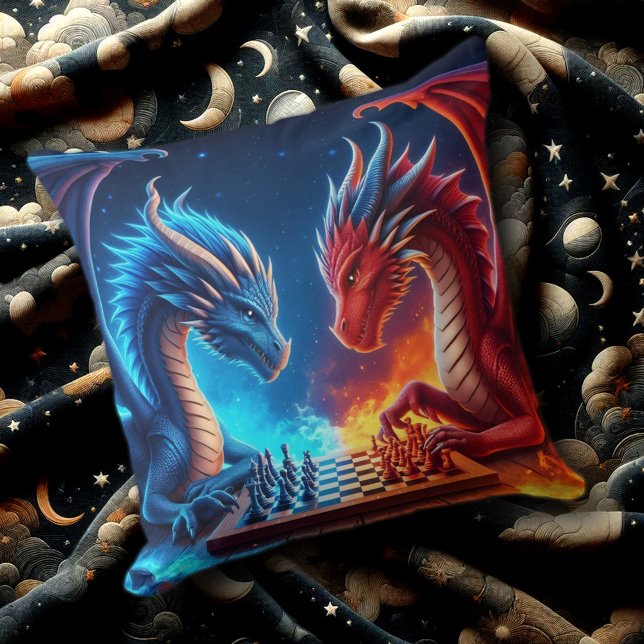 Fantasy Fire and Ice Dragons Playing Chess Cushion (Fire and Ice Dragon Chessmasters Throw Pillow Cover Photo)