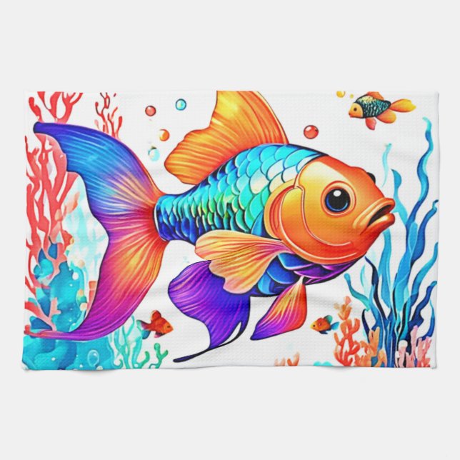 Fantasy Fish Scene Design Tea Towel (Horizontal)
