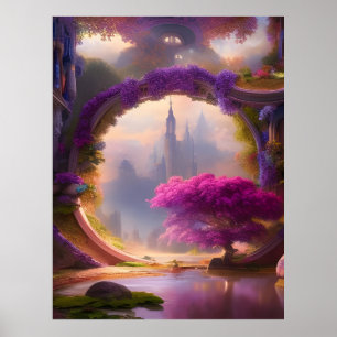 Fantasy floral courtyard pink tree poster