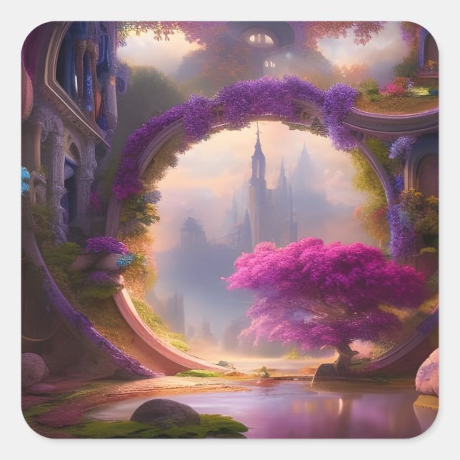 Fantasy floral courtyard pink tree  square sticker (Front)