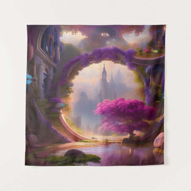Fantasy floral courtyard pink tree  tapestry (Front)