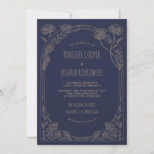 Fantasy Floral Navy Blue Gold Enchanted Wedding Invitation