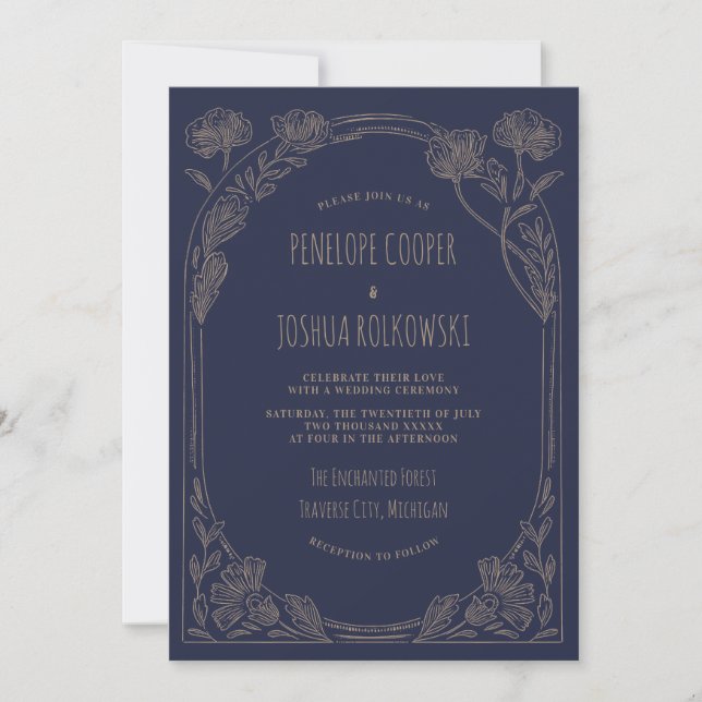 Fantasy Floral Navy Blue Gold Enchanted Wedding Invitation (Front)