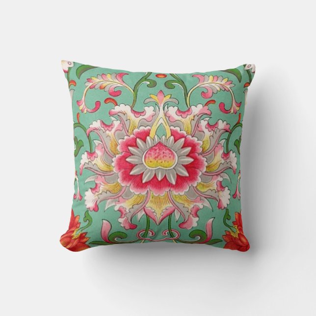 Fantasy Floral Oriental Chinoiserie on Green Cushion (Front)