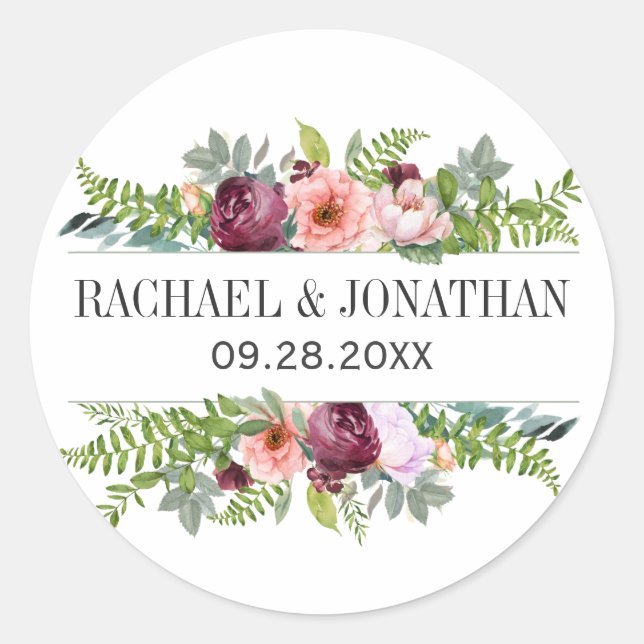 Fantasy Floral Watercolor Wedding Classic Round Sticker (Front)