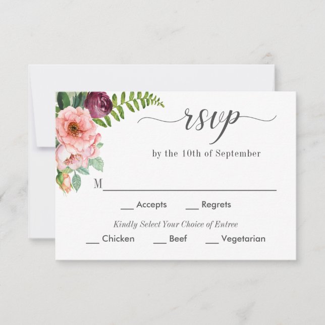 Fantasy Floral Wedding RSVP with Entree Choices Card (Front)