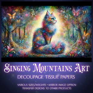 Fantasy Floral Woodland Wonder Cat Decoupage  Tissue Paper