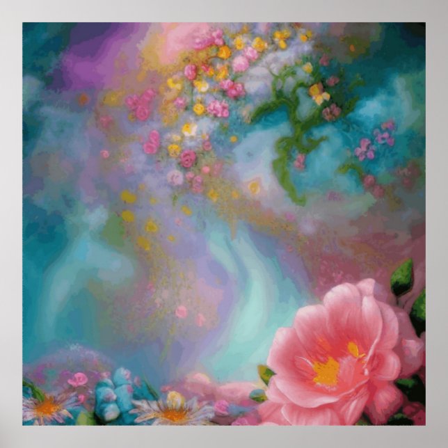 Fantasy Flowers Painted In Pink And Turquoise Poster (Front)