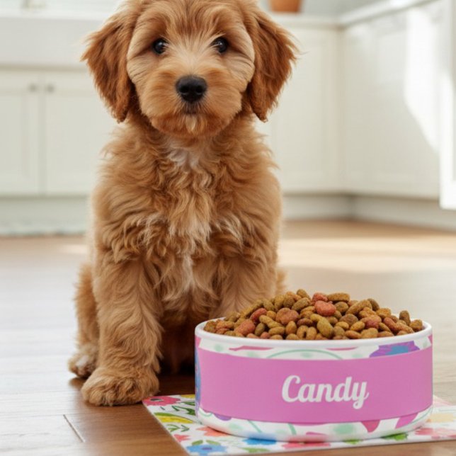 Fantasy Flowers Pink Blue Purple Ceramic Pet Bowl (She deserves it custom made. Cute fantasy flowers in pink and purple make this food bowl super cute.)