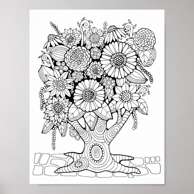 Fantasy Forest Flower Tree Colouring Page Art Poster (Front)