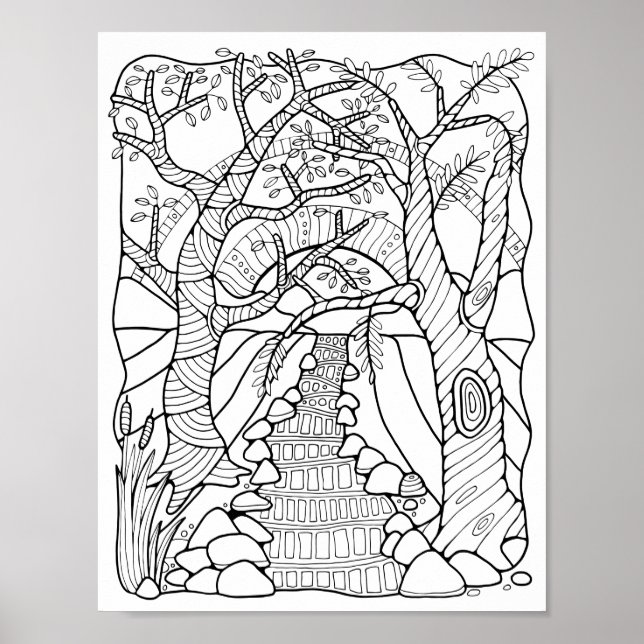 Fantasy Forest River Colouring Page Art Poster (Front)