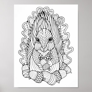 Fantasy Forest Squirrel  Acorns Coloring Page Art Poster