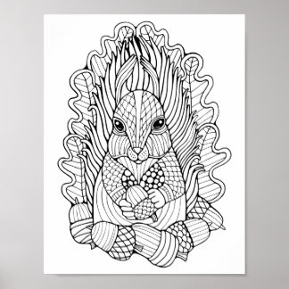 Fantasy Forest Squirrel Acorns Colouring Page Art Poster