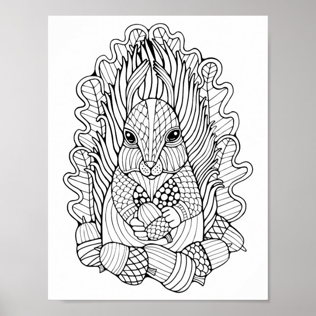 Fantasy Forest Squirrel  Acorns Colouring Page Art Poster (Front)