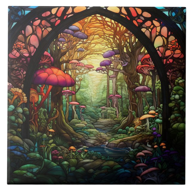 Fantasy Forest Stained Glass  Ceramic Tile (Front)