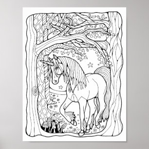 Fantasy Forest Unicorn Coloring Page Art Poster