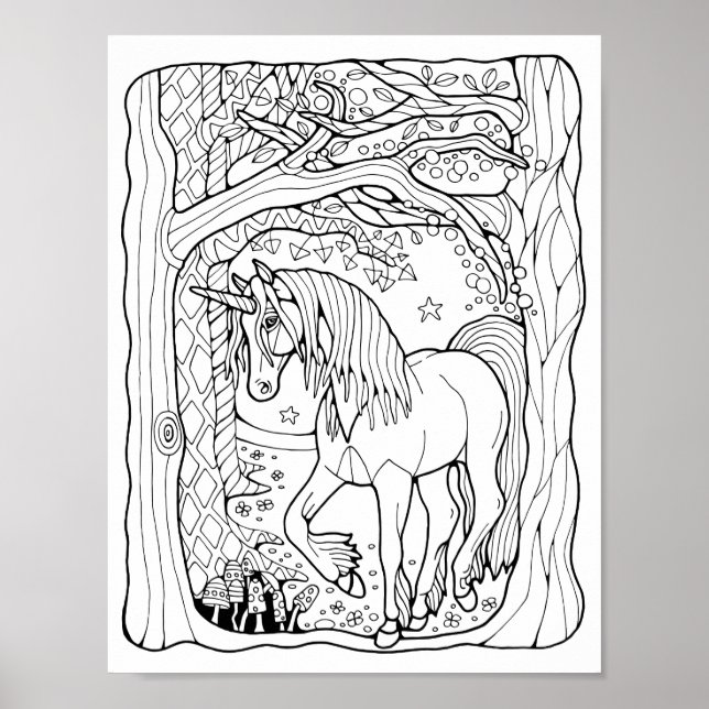 Fantasy Forest Unicorn Colouring Page Art Poster (Front)