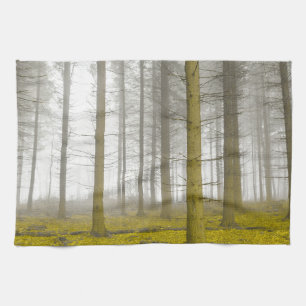 fantasy forest with fog and yellow foliage tea towel
