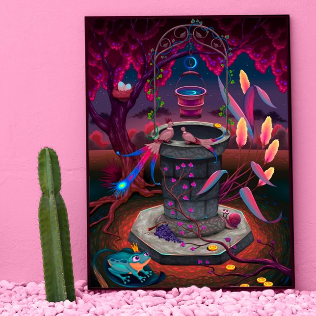 Fantasy garden colourful birds moon wishing well postcard (wishing well fantasy art postcard, vibrant colorful birds and fairy tale frog prince)