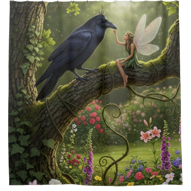Fantasy Garden Fairy Raven Shower Curtain (Front)