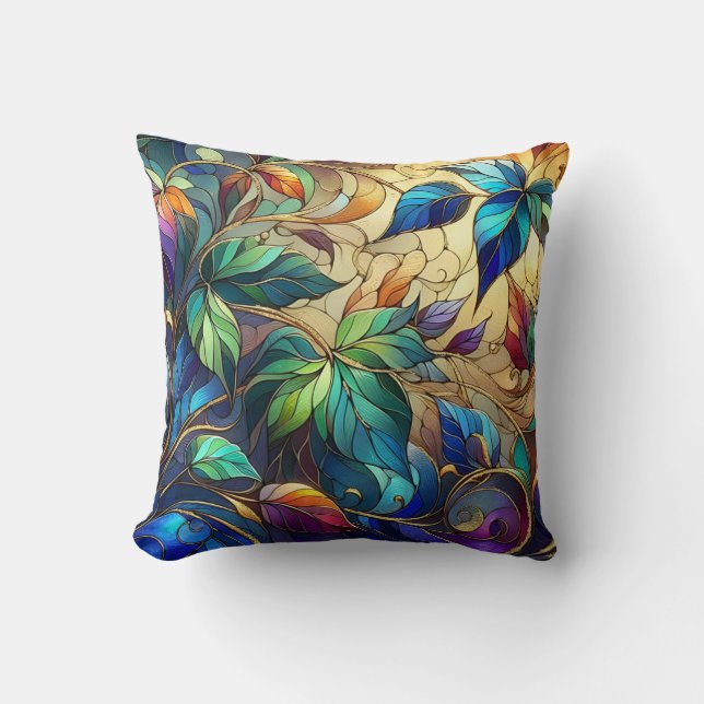 Fantasy Garden. Leafy design. Faux Stained glass  Cushion (Front)