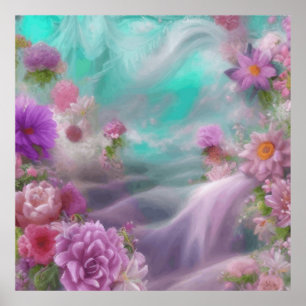 Fantasy Garden With Flowers And Pink Waterfall Poster