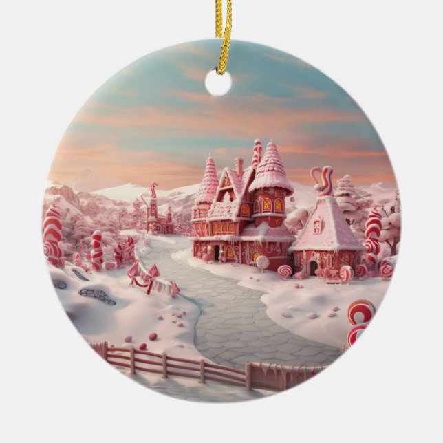 Fantasy Gingerbread House with Candies 4  Ceramic Ornament (Front)