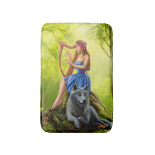 Fantasy girl fairy and friend wolf Bath Mat