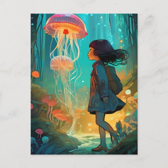 Fantasy Girl in Jellyfish Forest Postcard (Front)