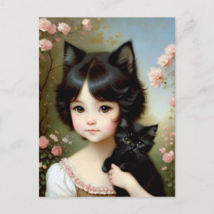 Fantasy Girl with Black Kitten - Vintage Painting Postcard