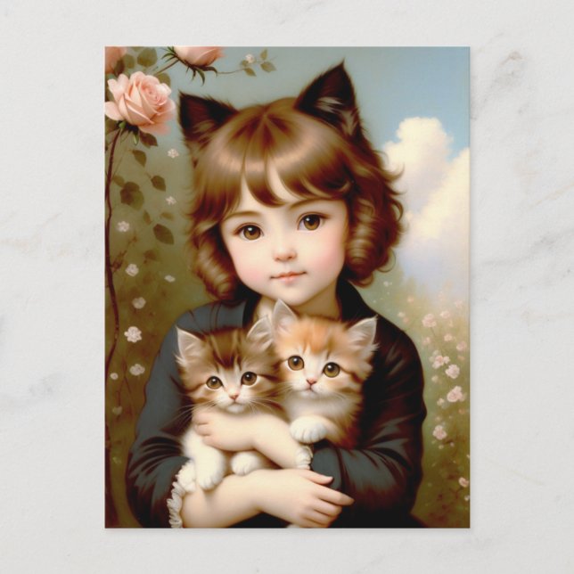 Fantasy Girl with Kittens - Vintage Painting Postcard (Front)