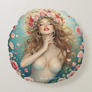 Fantasy Girls Hearts Flowers Round Cushion